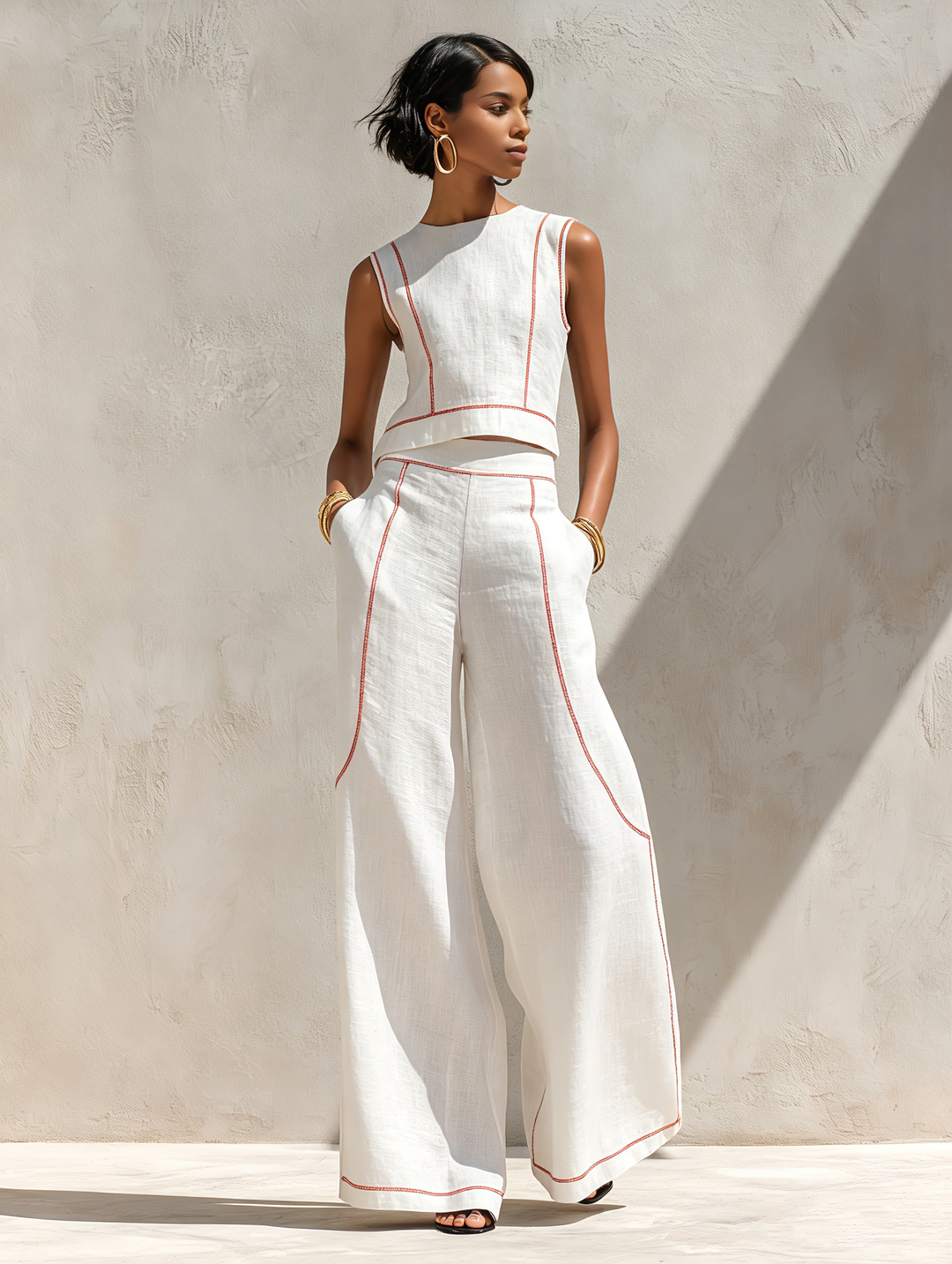 Elegante conjunto de pantalones con costuras en contraste