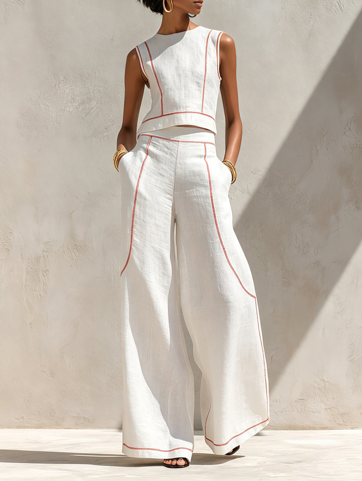 Elegante conjunto de pantalones con costuras en contraste