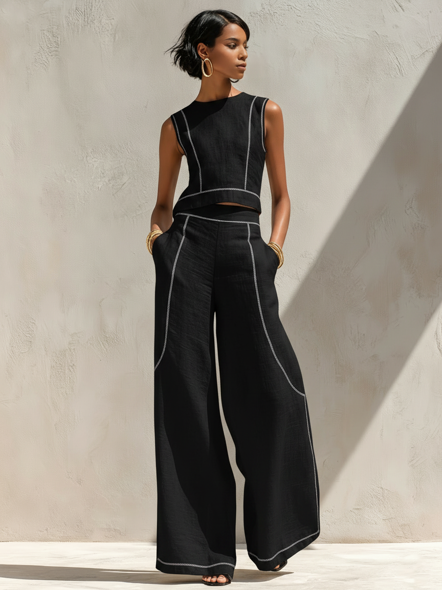 Elegante conjunto de pantalones con costuras en contraste