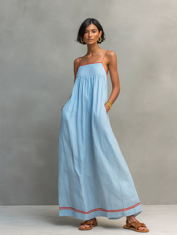 Vestido largo con ribete a rayas en contraste