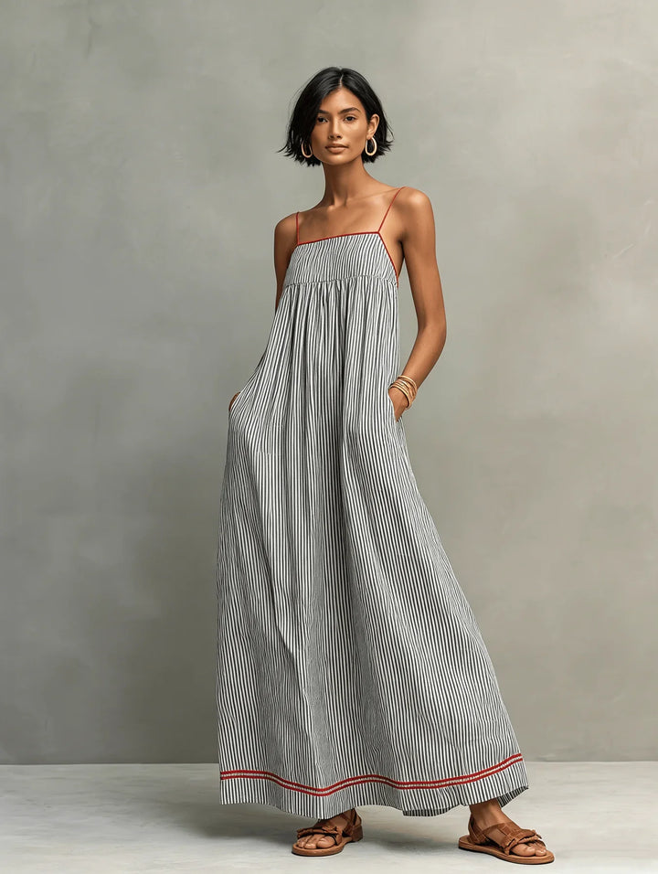 Vestido largo con ribete a rayas en contraste